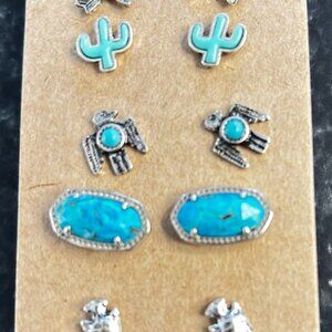 Six pairs of turquoise earrings.  Large rectangle set are by Kendra Scott.